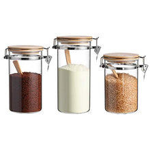 Load image into Gallery viewer, Glass Kitchen Food Storage Jar with Lids and scoops, Kitchen Canisters, Storage Canisters with Lids, Bamboo lids, Bamboo spoons, Set of 3