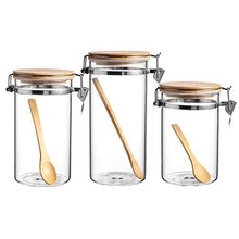 Load image into Gallery viewer, Glass Kitchen Food Storage Jar with Lids and scoops, Kitchen Canisters, Storage Canisters with Lids, Bamboo lids, Bamboo spoons, Set of 3