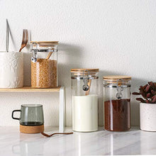Load image into Gallery viewer, Glass Kitchen Food Storage Jar with Lids and scoops, Kitchen Canisters, Storage Canisters with Lids, Bamboo lids, Bamboo spoons, Set of 3