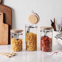 Load image into Gallery viewer, Glass Kitchen Food Storage Jar with Lids and scoops, Kitchen Canisters, Storage Canisters with Lids, Bamboo lids, Bamboo spoons, Set of 3