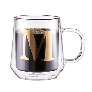 HyperSpace Monogram Double Wall Glass Coffee Mug, Insulate Cups, Letter C, Letter K, Letter S, Letter M - Set of 4, 12oz