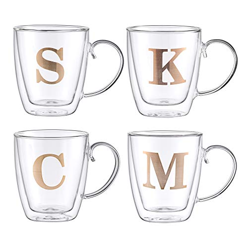 HyperSpace Gold Letter Monogram Double Layer Coffee Cup, Insulated Glasses - Large, Set of 4, 17oz